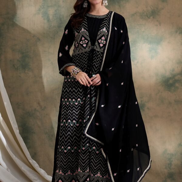 Black Anarkali Gown with Jacket and Embroidered Dupatta – Full Length