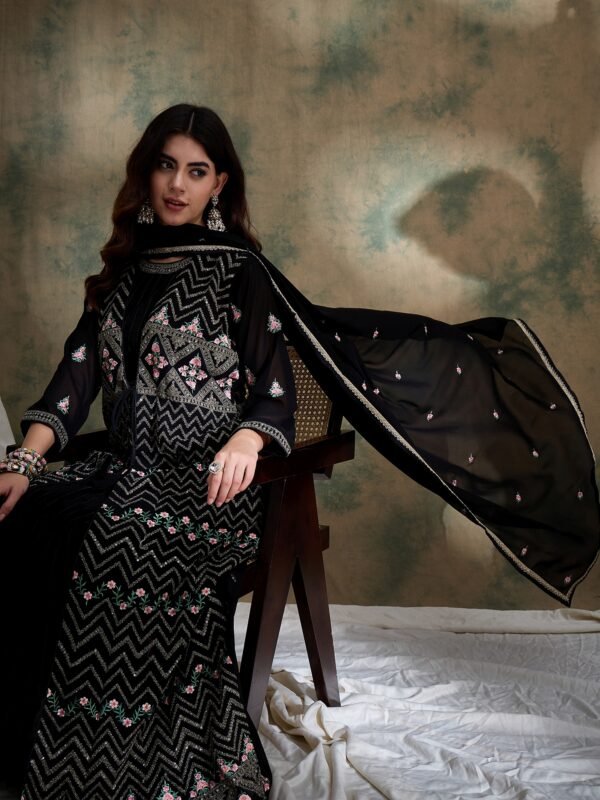 Black Anarkali Gown with Jacket and Embroidered Dupatta – Full Length