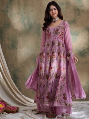 Whimsical Pink Embroidered Vipro Silk Anarkali Lehenga Set with Dupatta