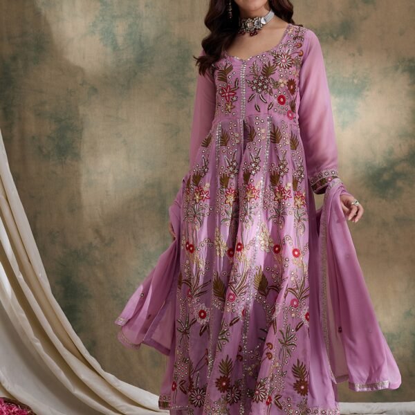 Whimsical Pink Embroidered Vipro Silk Anarkali Lehenga Set with Dupatta