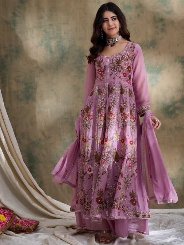 Whimsical Pink Embroidered Vipro Silk Anarkali Lehenga Set with Dupatta