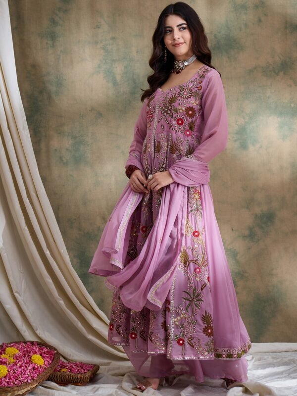 Whimsical Pink Embroidered Vipro Silk Anarkali Lehenga Set with Dupatta
