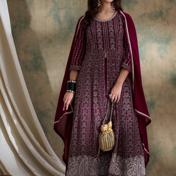 Majestic Purple Faux Georgette Embroidered Anarkali Lehenga Set