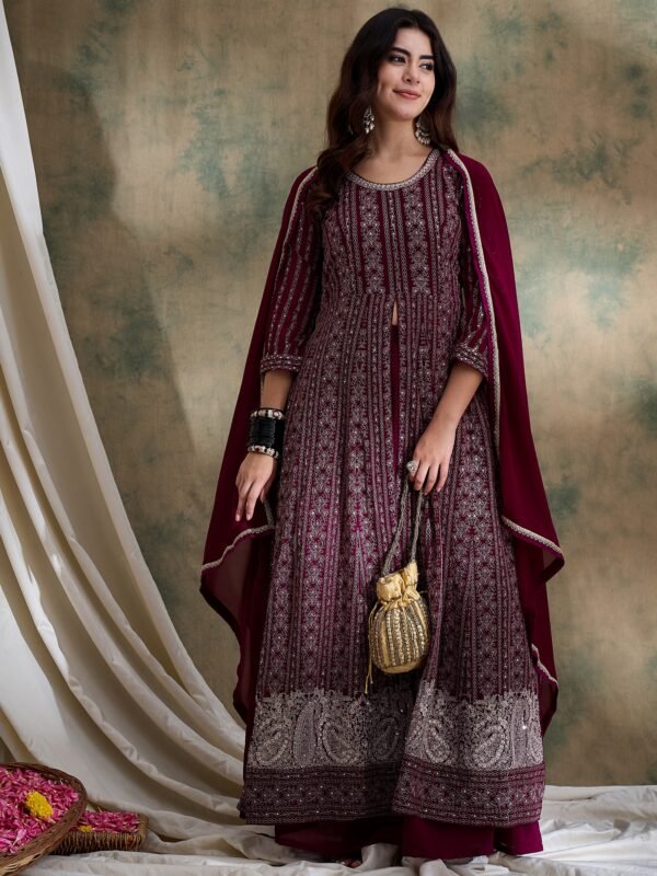 Majestic Purple Faux Georgette Embroidered Anarkali Lehenga Set