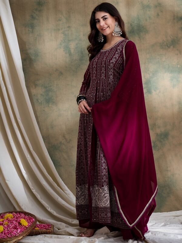 Majestic Purple Faux Georgette Embroidered Anarkali Lehenga Set