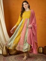 Vivid Yellow Embroidered Faux Georgette Multi-Panel Anarkali Gown with Dupatta