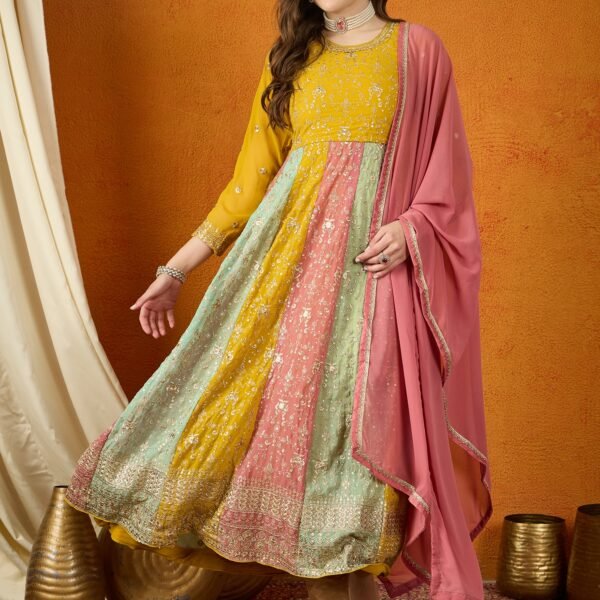 Vivid Yellow Embroidered Faux Georgette Multi-Panel Anarkali Gown with Dupatta