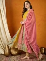 Vivid Yellow Embroidered Faux Georgette Multi-Panel Anarkali Gown with Dupatta