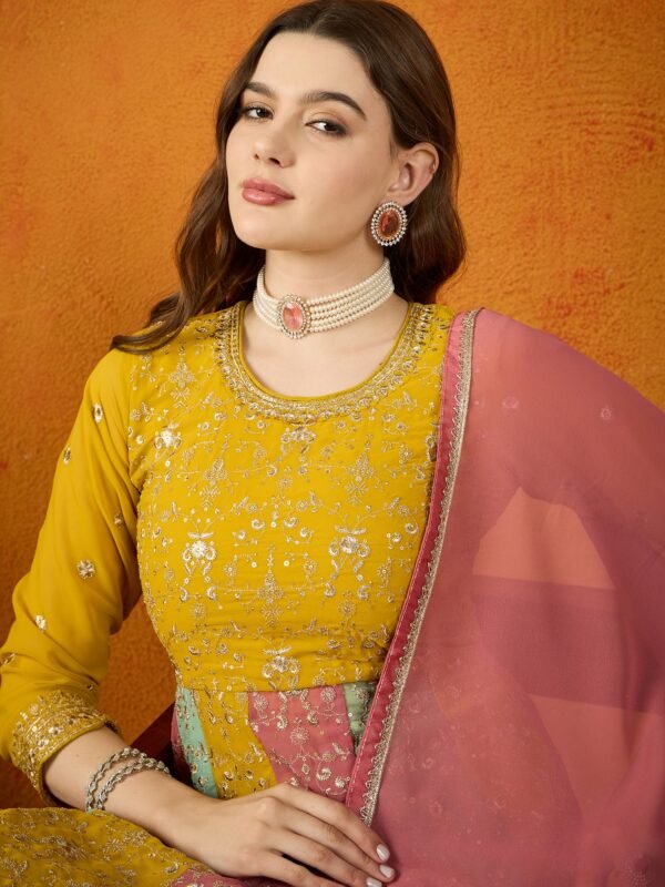 Vivid Yellow Embroidered Faux Georgette Multi-Panel Anarkali Gown with Dupatta