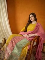 Vivid Yellow Embroidered Faux Georgette Multi-Panel Anarkali Gown with Dupatta