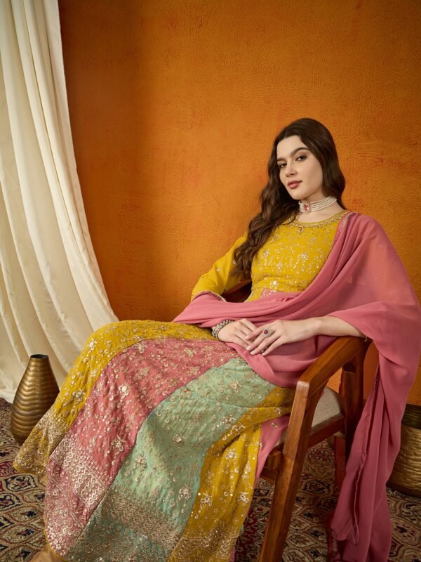 Vivid Yellow Embroidered Faux Georgette Multi-Panel Anarkali Gown with Dupatta