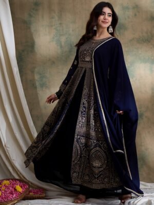 Midnight Blue Embroidered Chinon Front-Slit Anarkali Lehenga Set with Dupatta