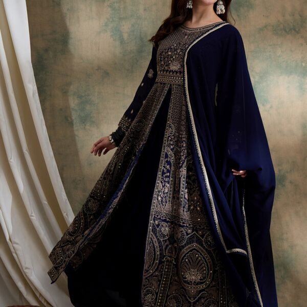 Midnight Blue Embroidered Chinon Front-Slit Anarkali Lehenga Set with Dupatta