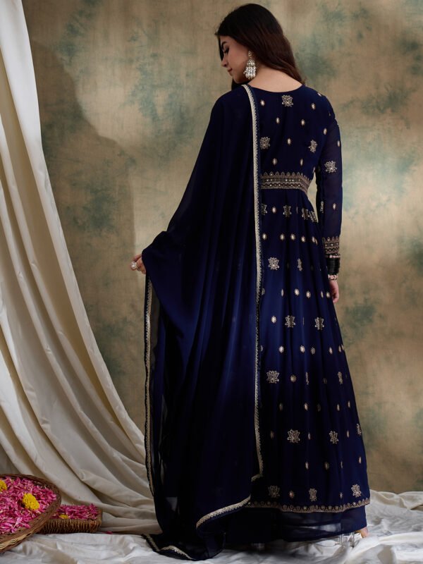 Midnight Blue Embroidered Chinon Front-Slit Anarkali Lehenga Set with Dupatta