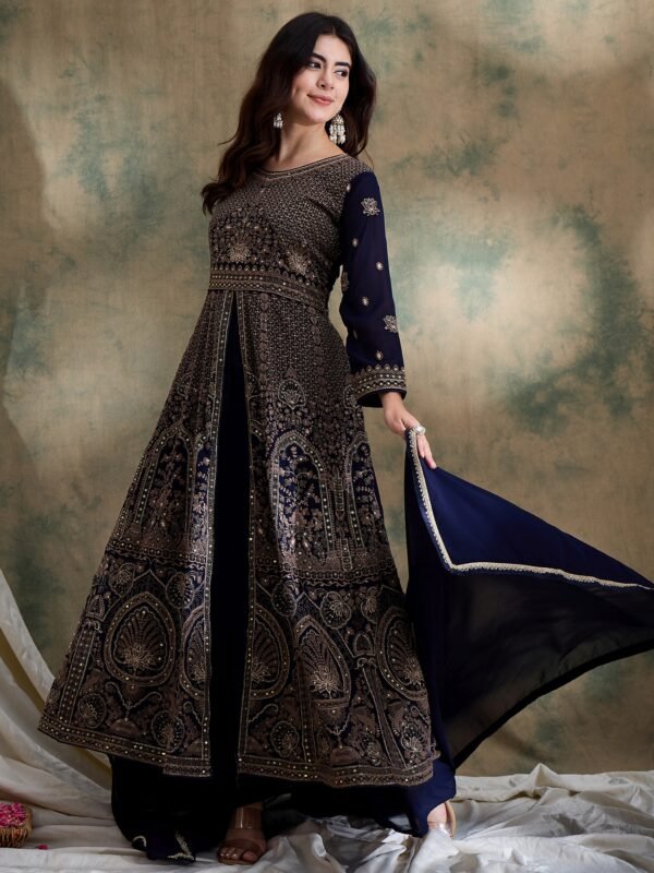 Midnight Blue Embroidered Chinon Front-Slit Anarkali Lehenga Set with Dupatta