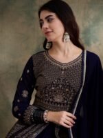 Midnight Blue Embroidered Chinon Front-Slit Anarkali Lehenga Set with Dupatta