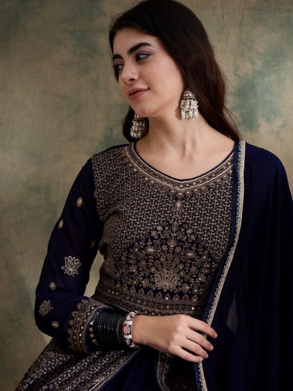 Midnight Blue Embroidered Chinon Front-Slit Anarkali Lehenga Set with Dupatta