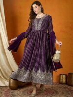 Ravishing Purple Embroidered Faux Georgette Anarkali Gown with Dupatta