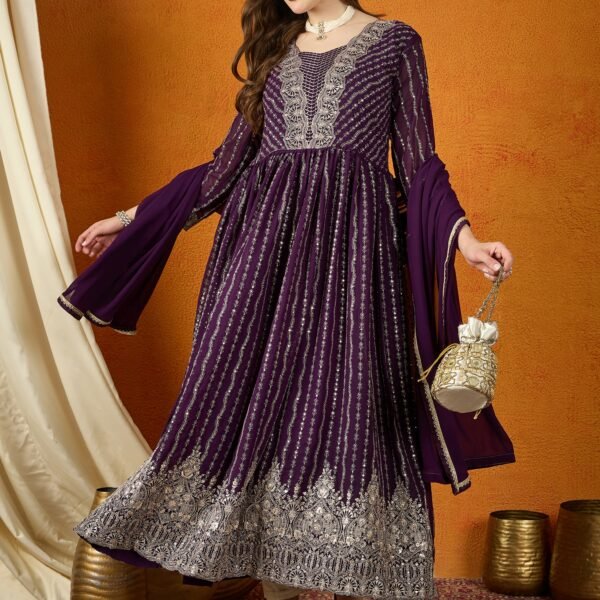 Ravishing Purple Embroidered Faux Georgette Anarkali Gown with Dupatta