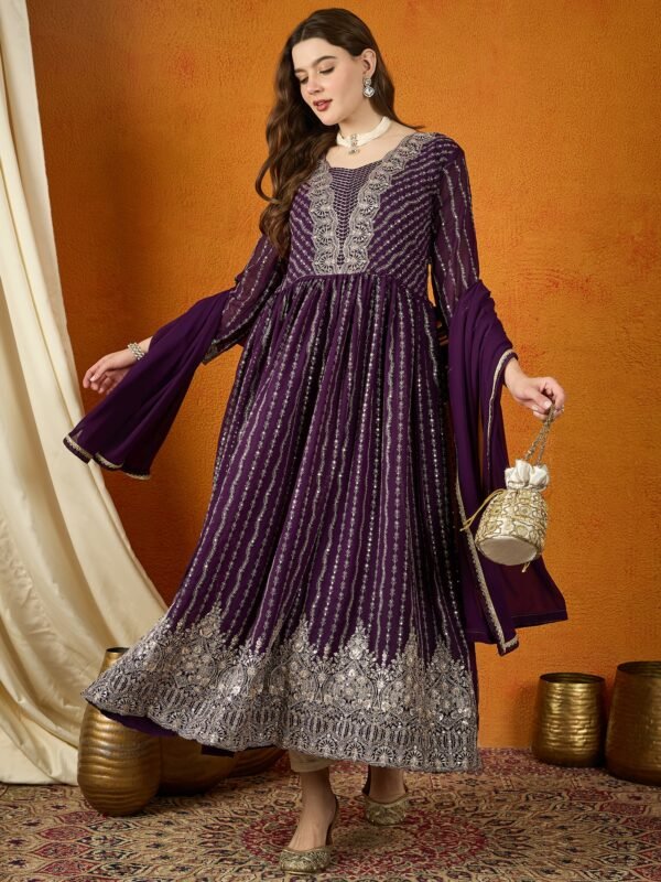 Ravishing Purple Embroidered Faux Georgette Anarkali Gown with Dupatta