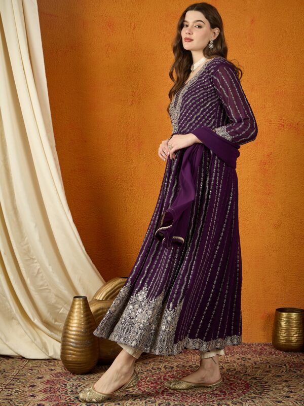 Ravishing Purple Embroidered Faux Georgette Anarkali Gown with Dupatta
