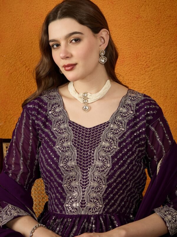 Ravishing Purple Embroidered Faux Georgette Anarkali Gown with Dupatta