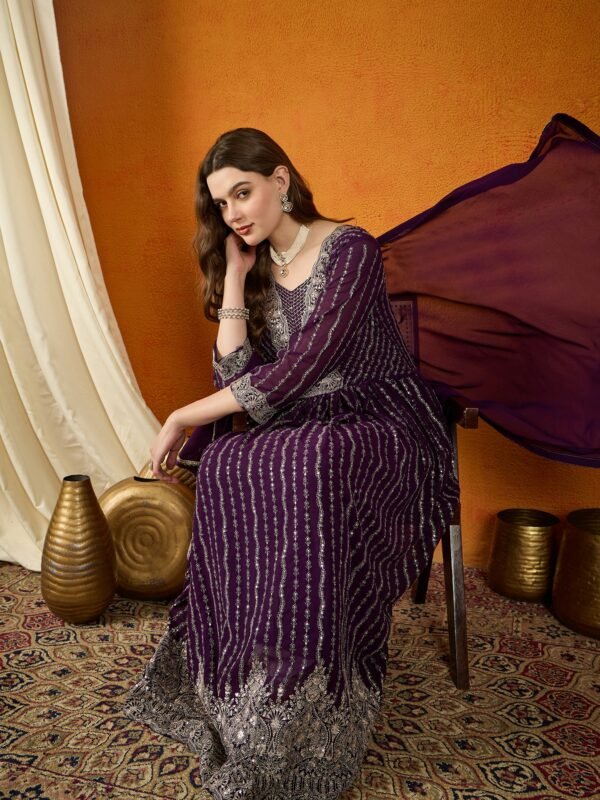 Ravishing Purple Embroidered Faux Georgette Anarkali Gown with Dupatta