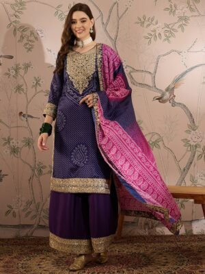 Mesmeric Purple Embroidered Chinon Bandhani Kurta Palazzo Set with Dupatta