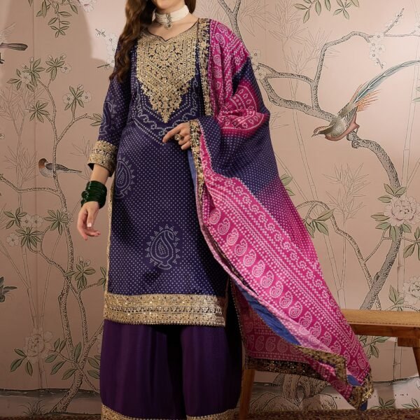 Mesmeric Purple Embroidered Chinon Bandhani Kurta Palazzo Set with Dupatta