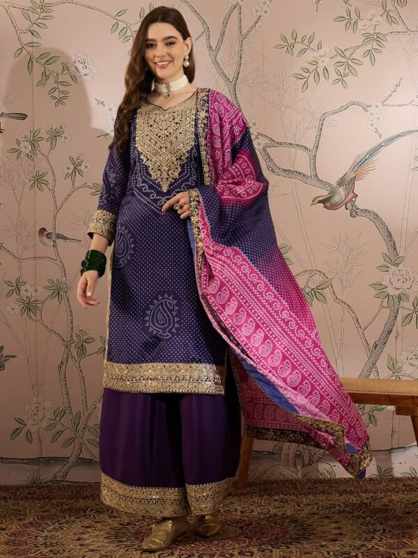 Mesmeric Purple Embroidered Chinon Bandhani Kurta Palazzo Set with Dupatta