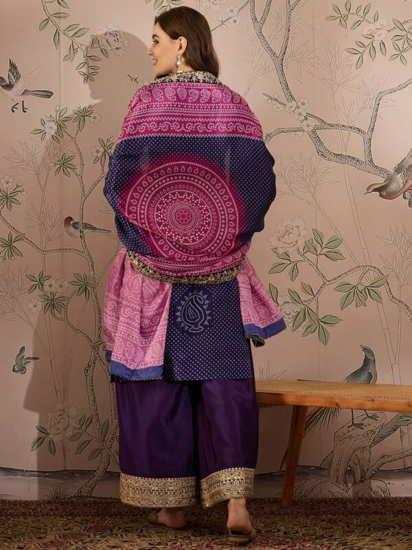 Mesmeric Purple Embroidered Chinon Bandhani Kurta Palazzo Set with Dupatta