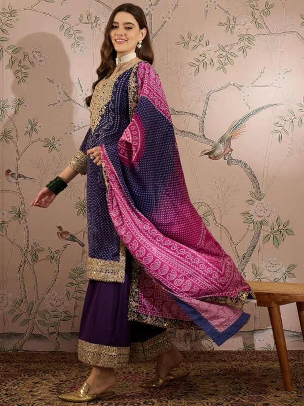 Mesmeric Purple Embroidered Chinon Bandhani Kurta Palazzo Set with Dupatta