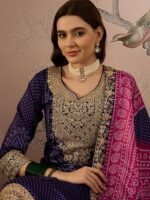 Mesmeric Purple Embroidered Chinon Bandhani Kurta Palazzo Set with Dupatta