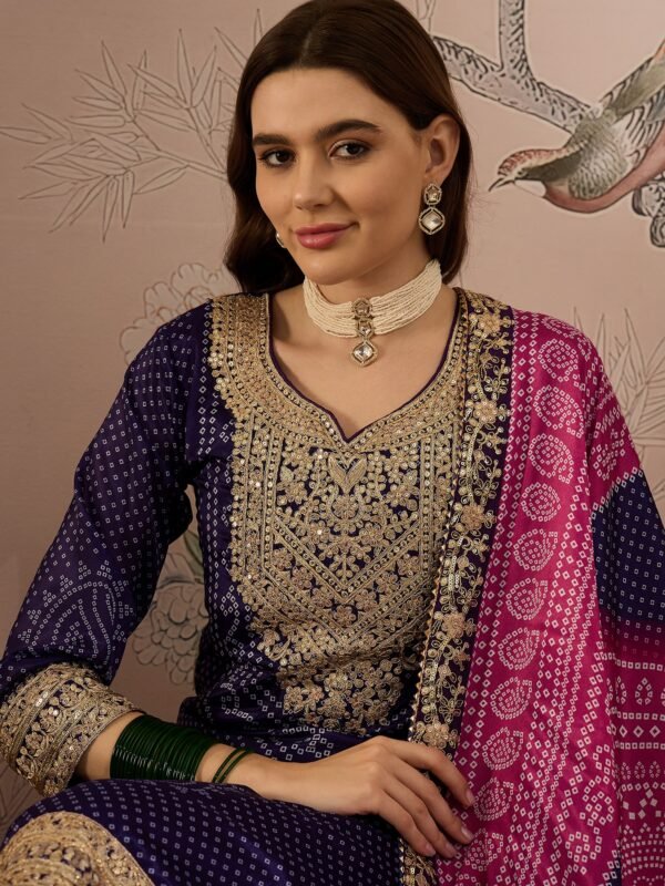 Mesmeric Purple Embroidered Chinon Bandhani Kurta Palazzo Set with Dupatta