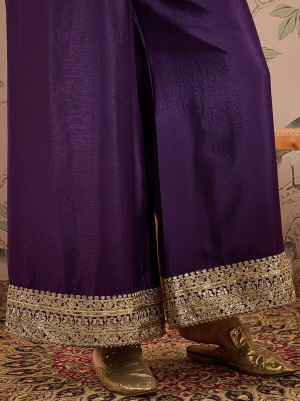 Mesmeric Purple Embroidered Chinon Bandhani Kurta Palazzo Set with Dupatta