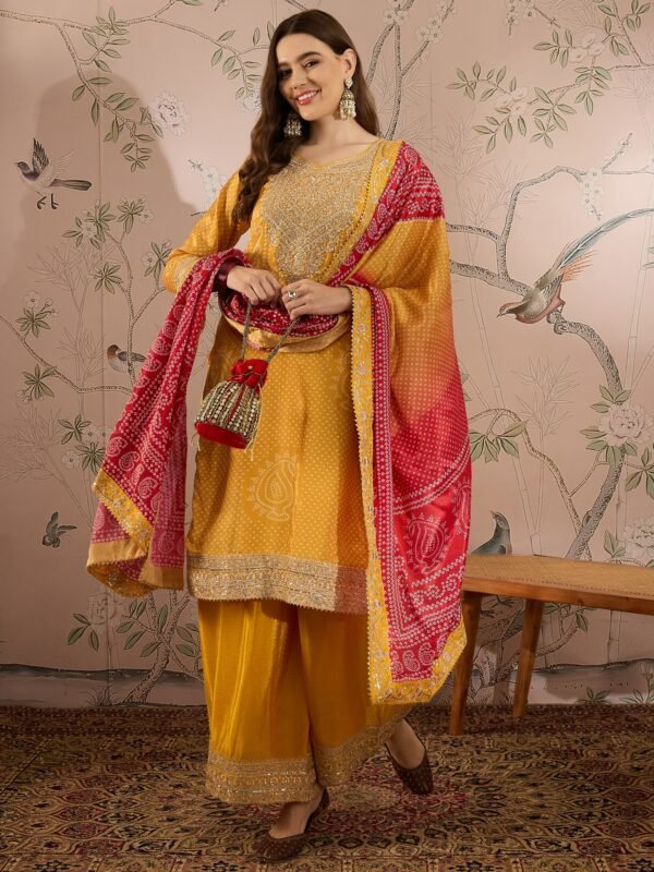 Mesmeric Purple Embroidered Chinon Bandhani Kurta Palazzo Set with Dupatta