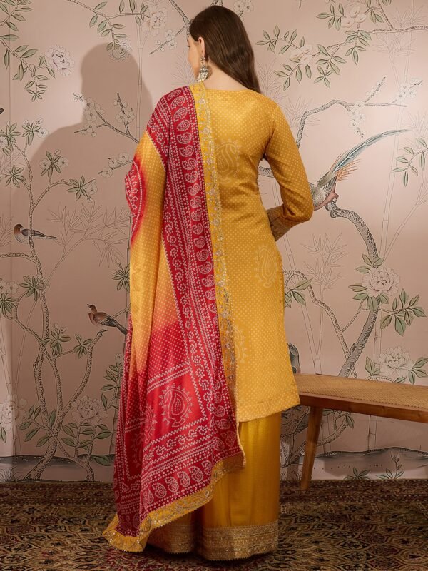 Mesmeric Purple Embroidered Chinon Bandhani Kurta Palazzo Set with Dupatta