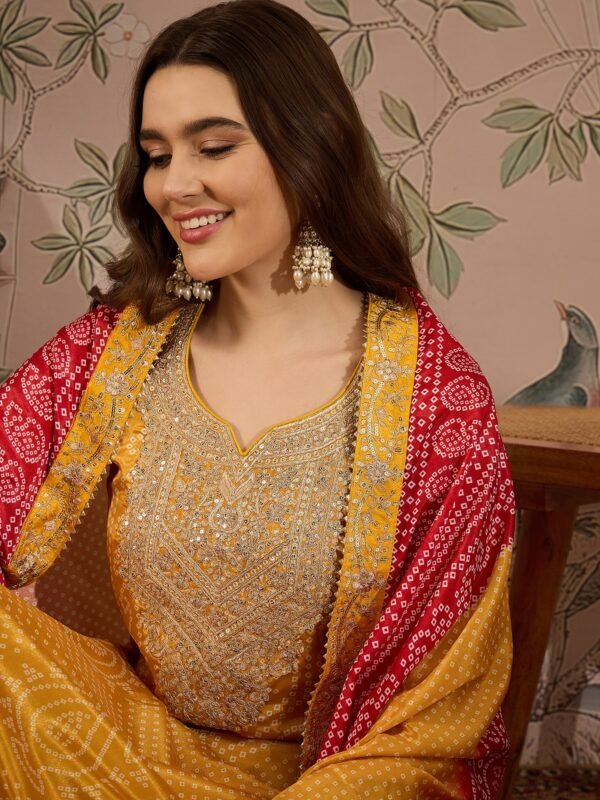 Mesmeric Purple Embroidered Chinon Bandhani Kurta Palazzo Set with Dupatta