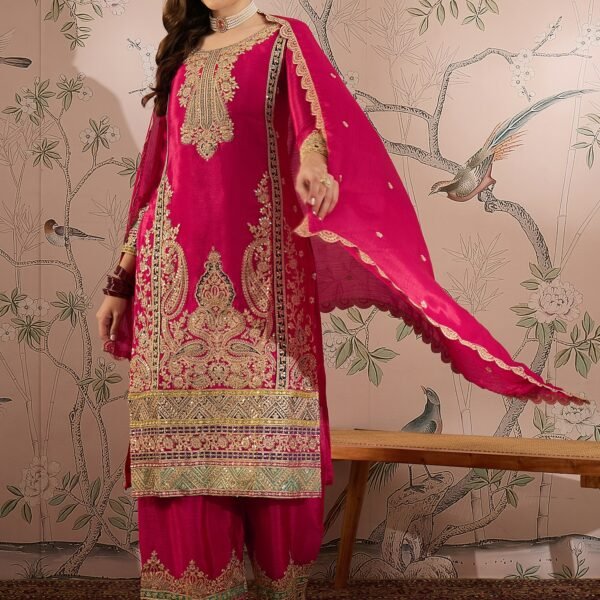 Exquisite Pink Chinon Embroidered Kurta & Palazzo Set