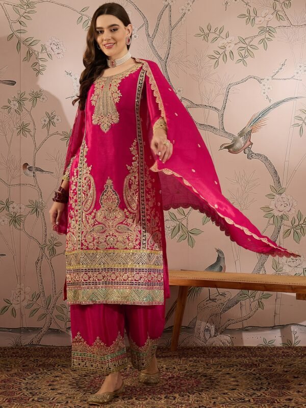 Exquisite Pink Chinon Embroidered Kurta & Palazzo Set