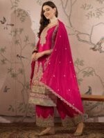 Exquisite Pink Chinon Embroidered Kurta & Palazzo Set