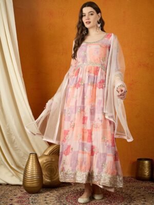 Dreamy Peach Printed & Embroidered TP Silk Anarkali Gown with Net Dupatta