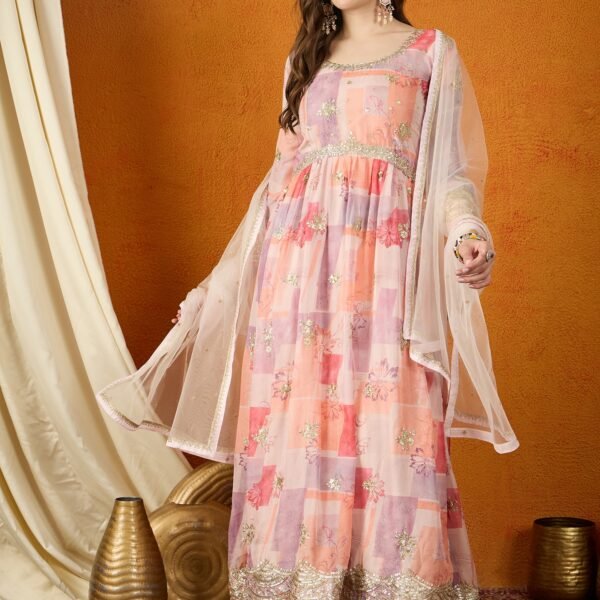 Dreamy Peach Printed & Embroidered TP Silk Anarkali Gown with Net Dupatta