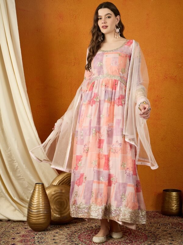 Dreamy Peach Printed & Embroidered TP Silk Anarkali Gown with Net Dupatta