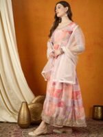 Dreamy Peach Printed & Embroidered TP Silk Anarkali Gown with Net Dupatta