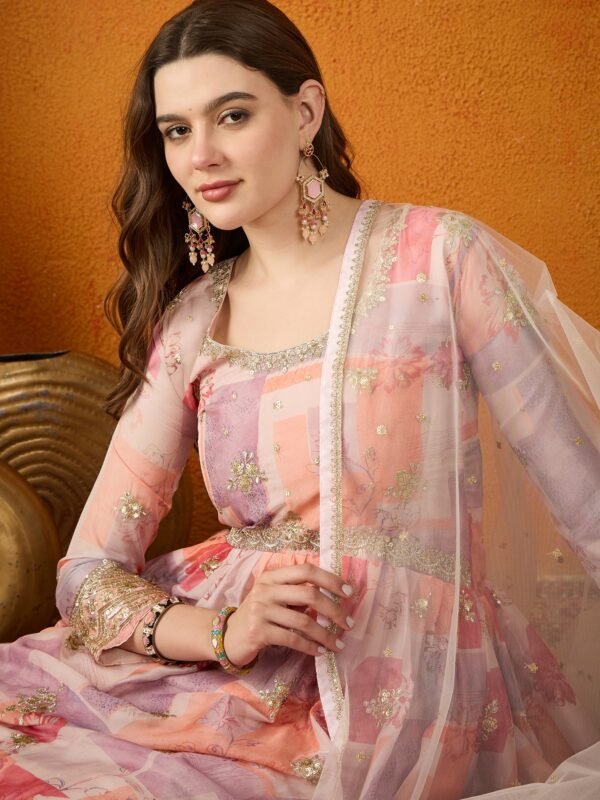 Dreamy Peach Printed & Embroidered TP Silk Anarkali Gown with Net Dupatta
