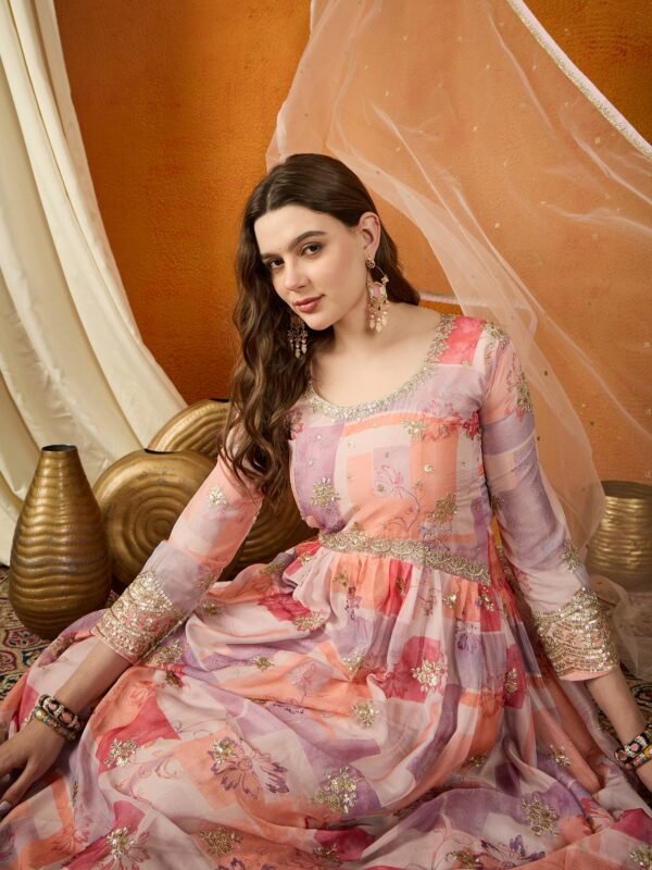 Dreamy Peach Printed & Embroidered TP Silk Anarkali Gown with Net Dupatta