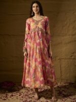 Vivacious Pink Abstract Print & Embroidered TP Silk Anarkali Gown with Net Dupatta