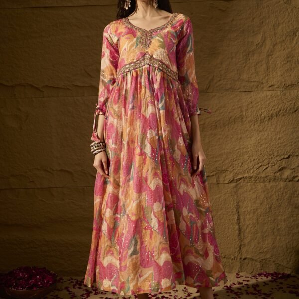 Vivacious Pink Abstract Print & Embroidered TP Silk Anarkali Gown with Net Dupatta