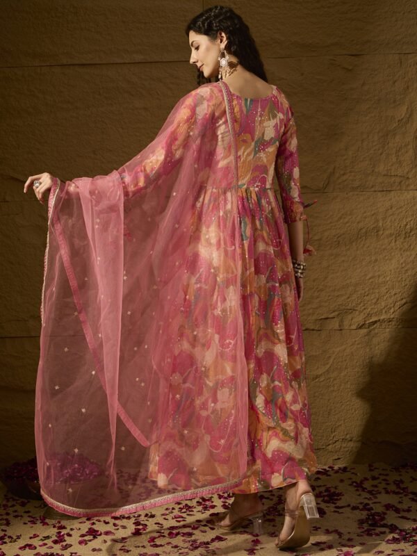 Vivacious Pink Abstract Print & Embroidered TP Silk Anarkali Gown with Net Dupatta